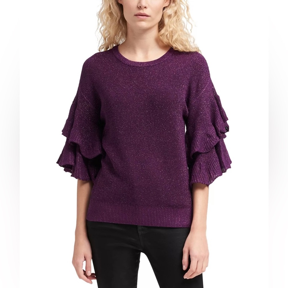 DKNY Ruffle Sleeve Pullover Sweater Purple Glitter Metallic Size Large